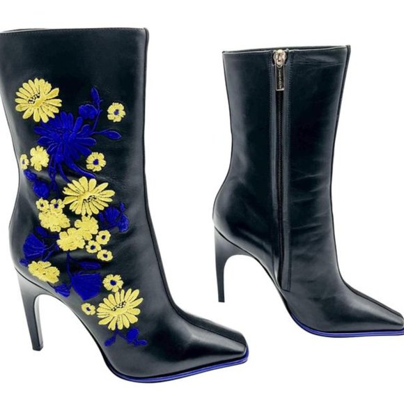 Versace Black Leather Floral Embroidery Boots/Booties - Picture 1 of 4